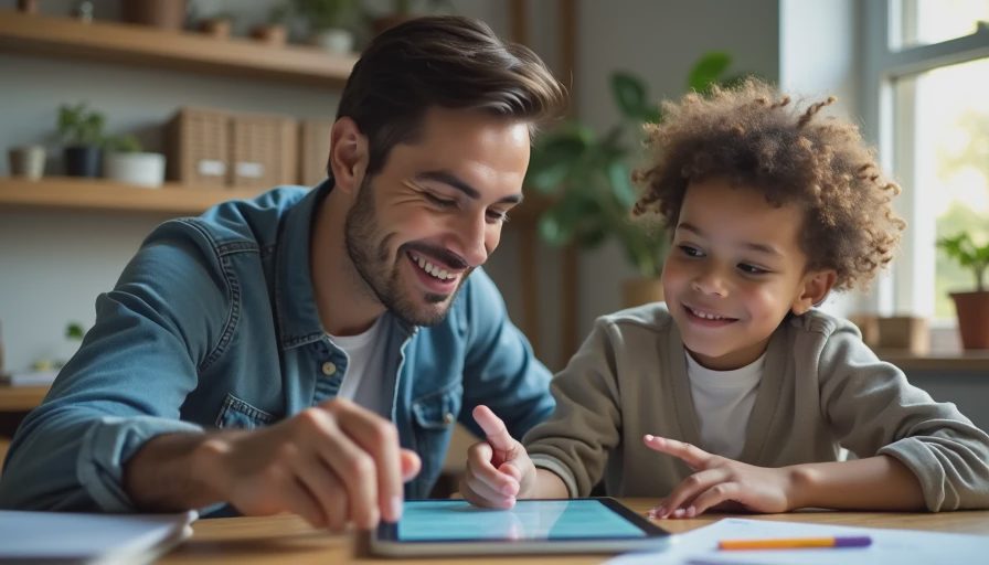 A documentary-style photo of a father and a young child calmly discussing a message on a tablet together at a desk.