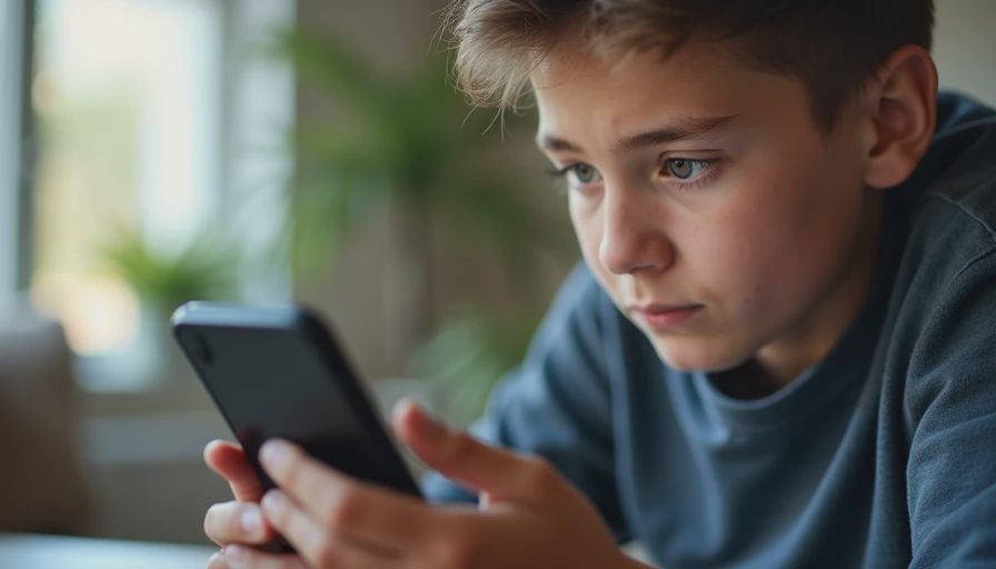 A documentary-style close-up photo of a teenager looking intently at a group chat on a smartphone screen indoors.