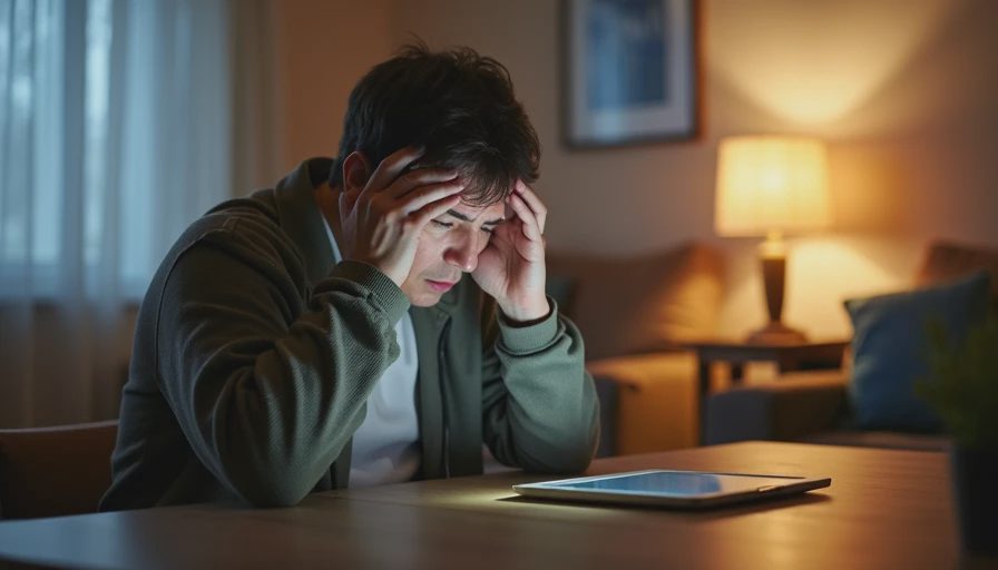 A documentary-style close-up photo of an exhausted parent sitting alone at a desk under a dim desk lamp at night.
