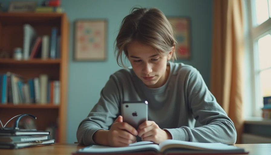 A documentary-style photo of an older teen studying at a desk with a smartphone placed face down nearby.
