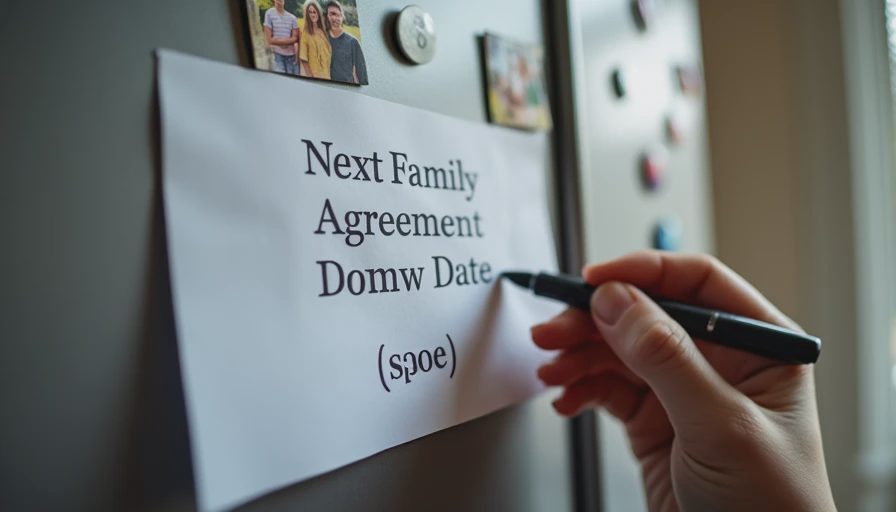 A documentary-style close-up shot of an adult hand writing a review date on a family phone agreement attached to a refrigerator door.