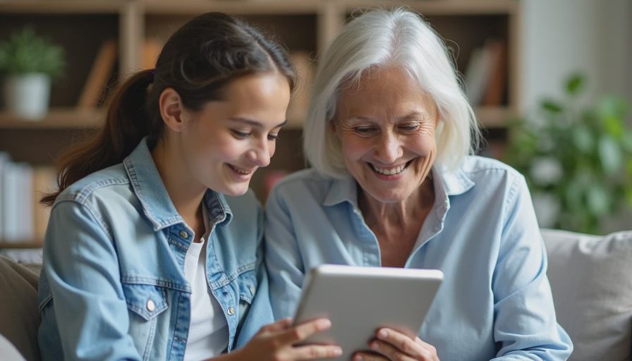A parent and teenager looking together at a screen with a supportive expression.