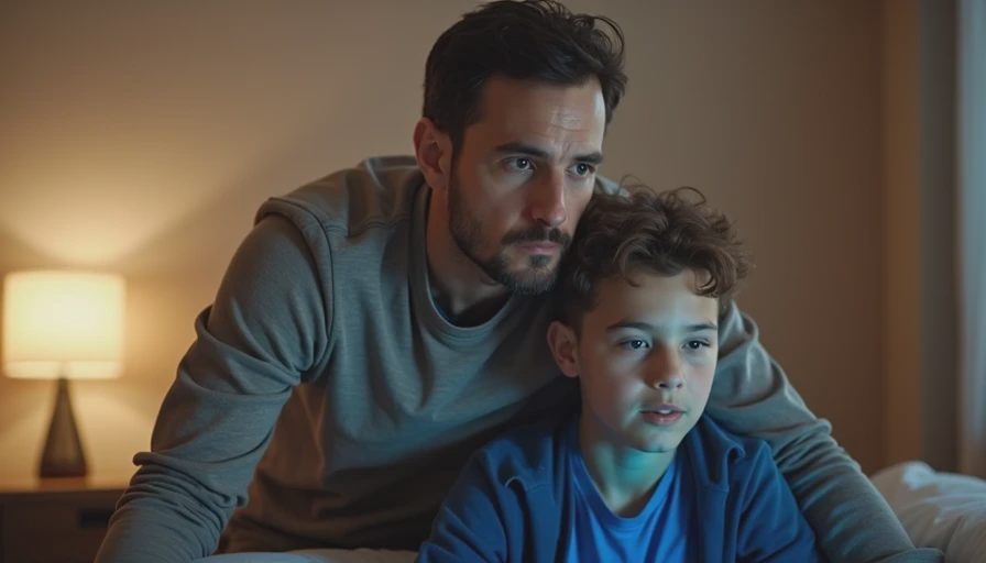 A documentary-style photo of a father calmly standing beside a teenager playing video games, maintaining a steady boundary.