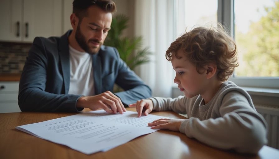 A documentary-style photo of a father and child sitting at a table together, discussing a written family agreement document.