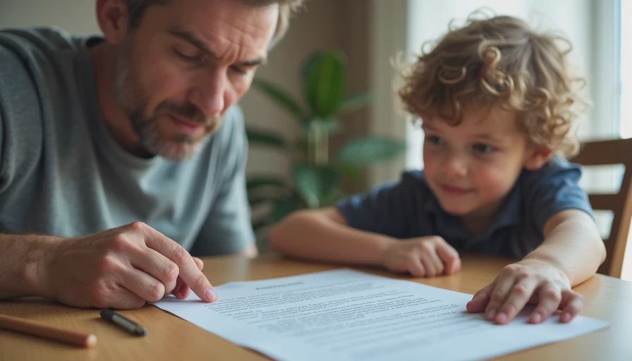 A documentary-style photo of a father and child sitting at a table together, discussing a written family agreement document.