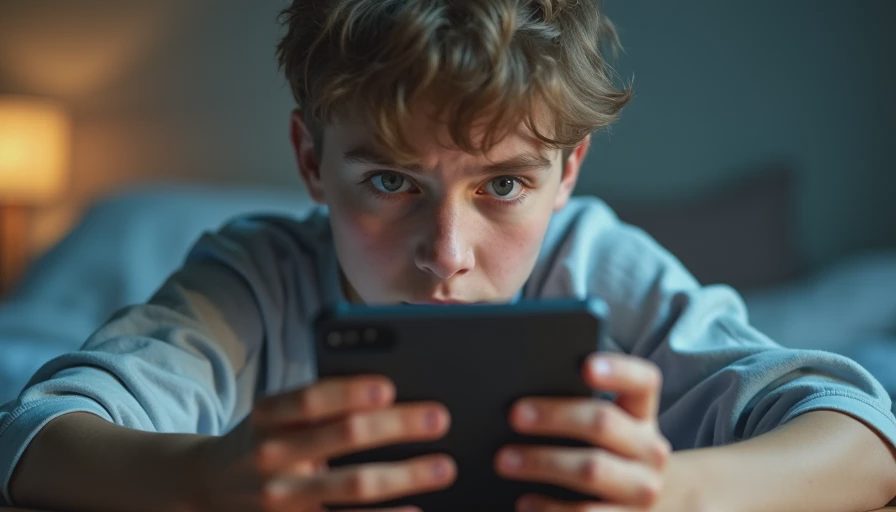 A documentary-style close-up photo of a teenager looking resistant while holding a smartphone in a bedroom.