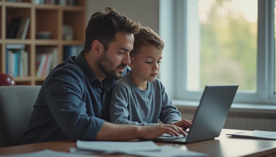 A documentary-style photo of a father sitting supportively next to a child at a desk, reviewing a laptop screen together.