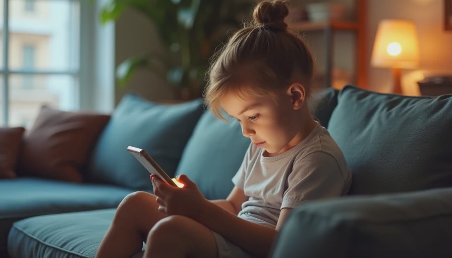A documentary-style image of a preteen child sitting on a living room sofa, focused intently on looking at a smartphone screen.