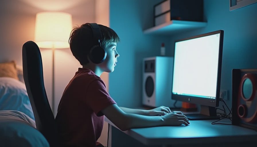 A documentary-style photo capturing a teenager deeply immersed in playing Roblox on a computer in a dimly lit bedroom, wearing headphones.