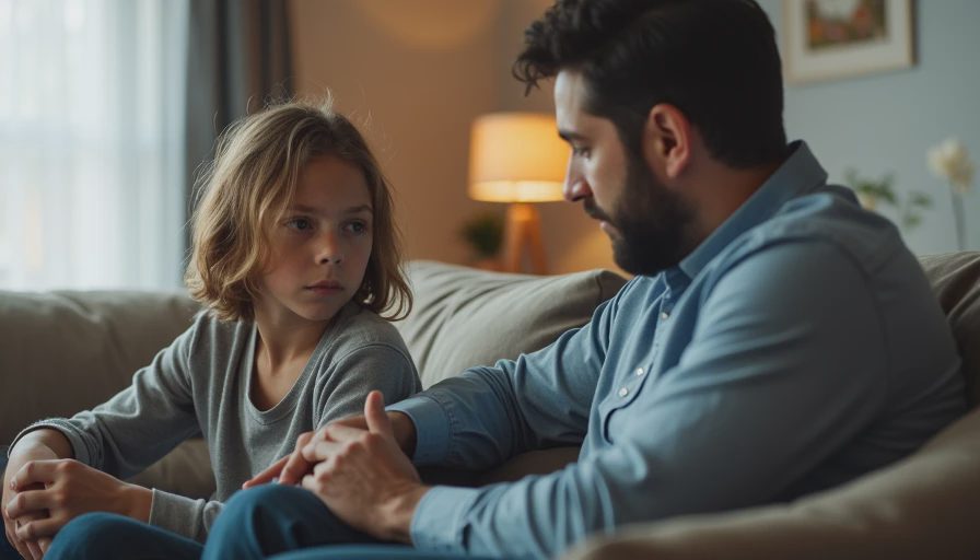 A documentary-style close-up photo capturing a serious but supportive conversation between a father and his remorseful teenager in a living room.