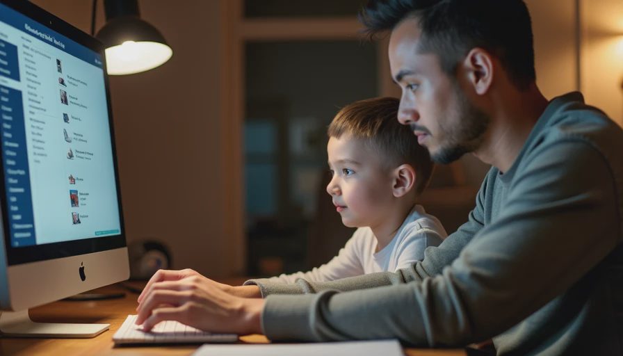 A documentary-style photo of a father and child collaborating together at a desk to adjust settings on a laptop screen.