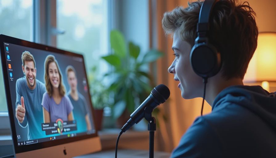 A documentary-style close-up photo of a teenager talking through a headset during an online multiplayer gaming session in a bedroom.