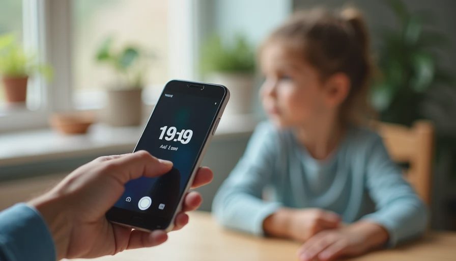 A documentary-style close-up photo of an adult's hand holding a smartphone showing a countdown timer to a child.