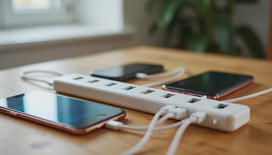 A documentary-style close-up photo of a multi-device charging station with several smartphones plugged in on a wooden table.