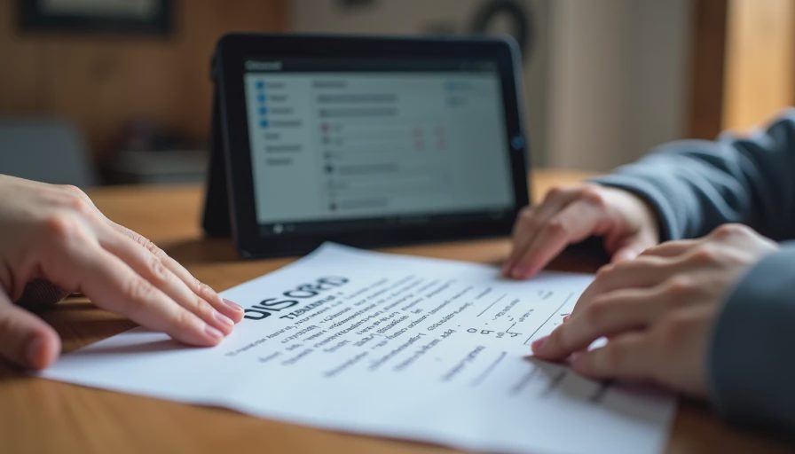 A documentary-style close-up shot of an adult's hand and a teen's hand together on a table reviewing a handwritten Discord family agreement.