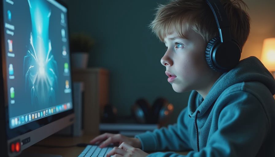 A documentary-style close-up photo capturing a teenager in a dimly lit bedroom, wearing headphones and looking stressed while gaming at a computer desk.