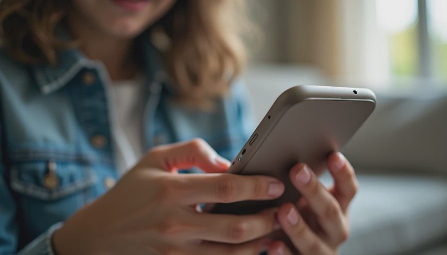 A documentary-style close-up photo of a teen's hands holding a smartphone, hesitating with a finger paused right above a suspicious link.