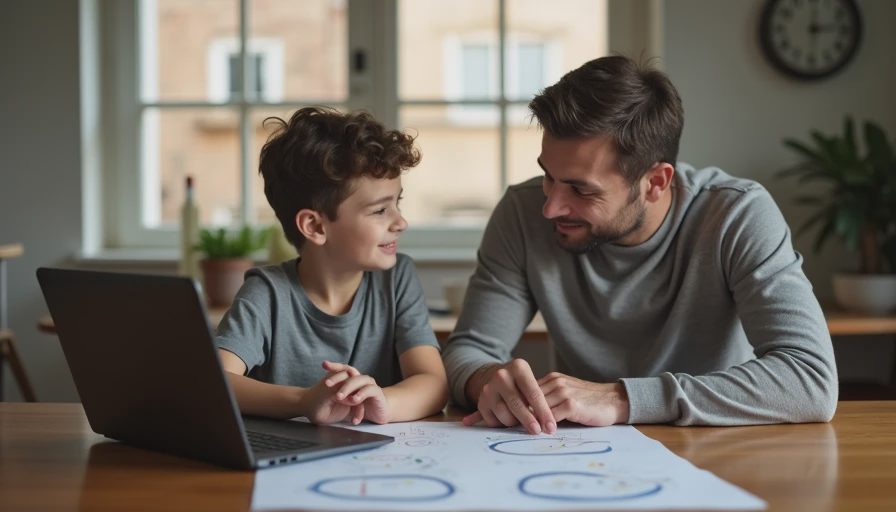 A documentary-style photo of a parent and a teen sitting together at a table, calmly discussing a collaborative digital boundary plan.