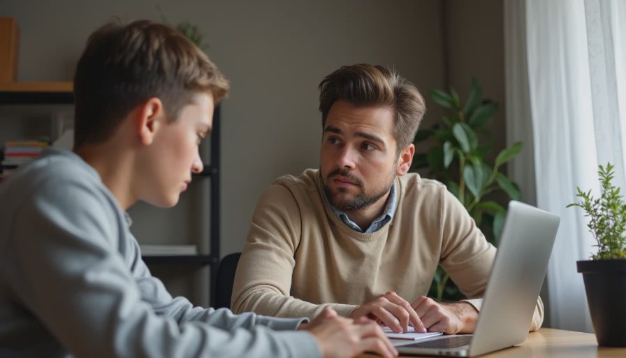 A documentary-style photo of a father having a supportive, calm conversation with a teen sitting at a desk.