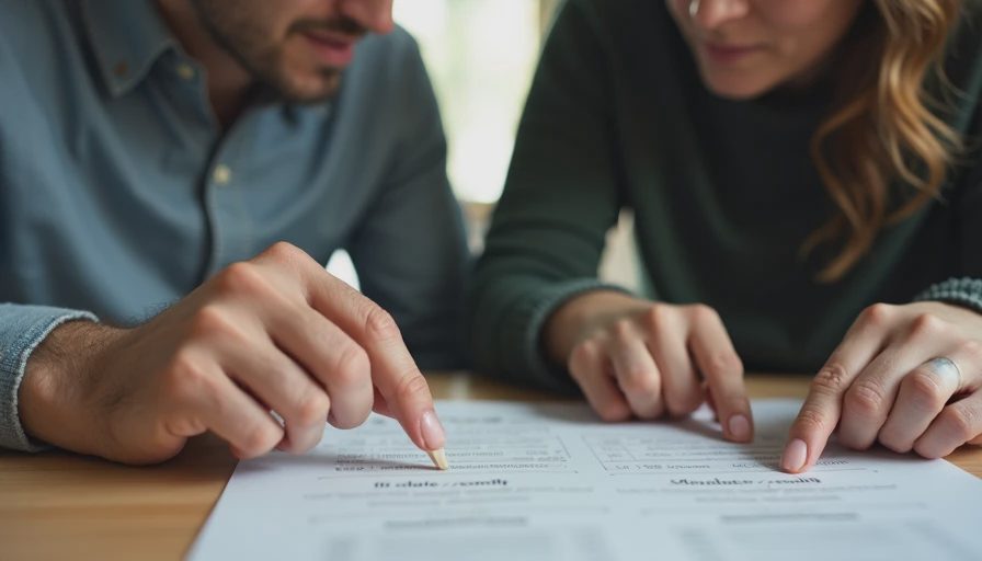 A documentary-style photo of parents sitting at a desk together, reviewing a written screen-time experiment plan.