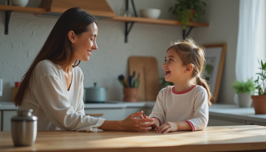 A documentary-style photo of a mother and child having a relaxed check-in conversation in a bright kitchen.