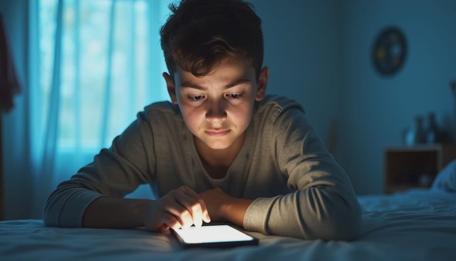 A documentary-style close-up photo of a teenager looking stressed at a smartphone in a dimly lit bedroom at night.