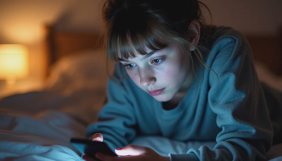 A documentary-style close-up photo of a teenager looking intently at a smartphone screen in a dimly lit bedroom.
