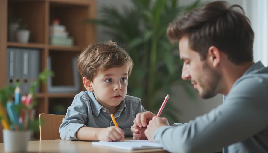 A documentary-style close-up photo showing a parent having a calm, focused conversation with a child sitting at a desk.