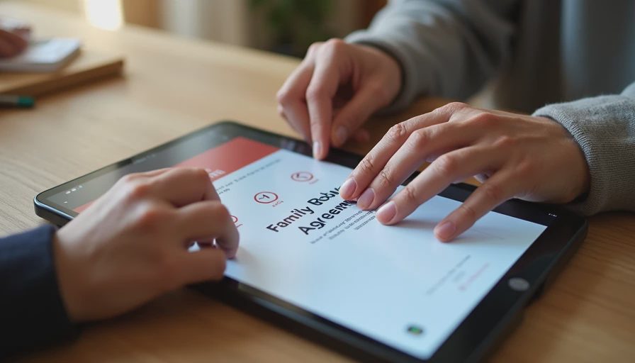 A documentary-style close-up shot of an adult hand and a teen's hand together on a table reviewing a handwritten Roblox spending agreement.