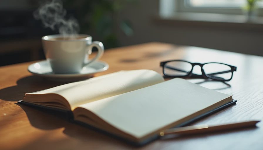 A quiet desk setup with a notebook, a coffee cup, and a smartphone face down.