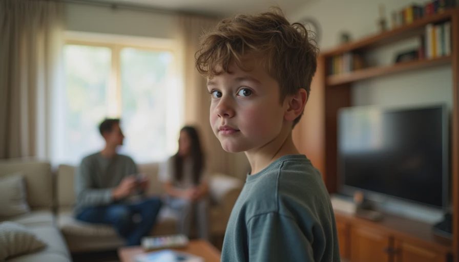 A documentary-style close-up photo of a child looking at adults in a living room, highlighting family authority dynamics.