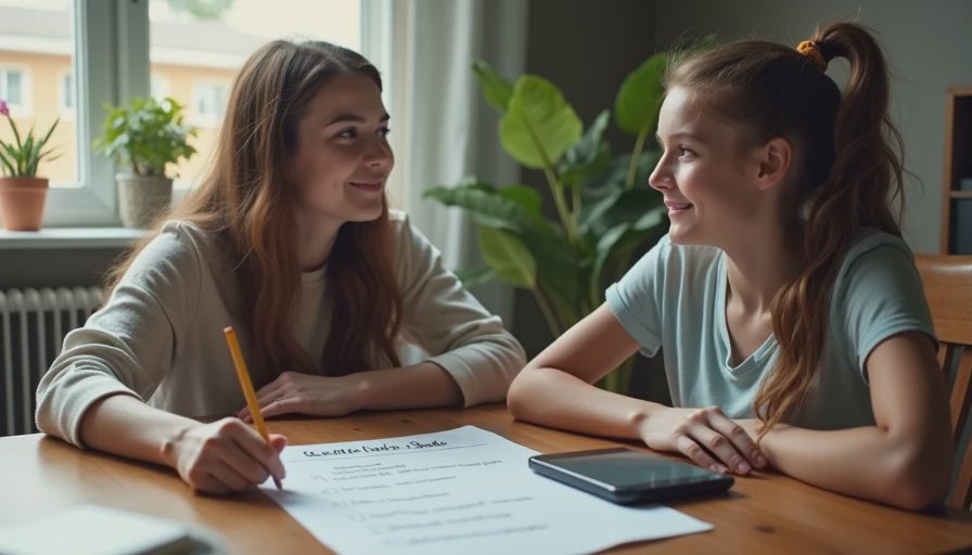 A documentary-style photo of a parent and a teenager sitting at a table together, discussing a written device rule sheet.