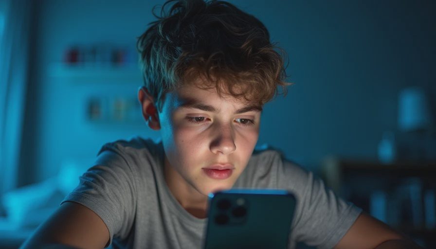 A documentary-style close-up photo of a teenager looking at a smartphone in a dimly lit bedroom at night.
