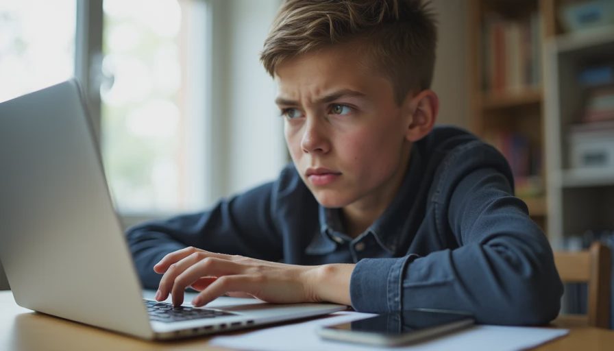 A documentary-style close-up photo of a teenager sitting at a desk and simultaneously using a school laptop and a personal phone.