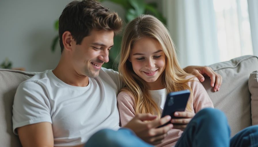 A documentary-style photo of a parent and a teen sitting together on a sofa, looking at a phone screen calmly.
