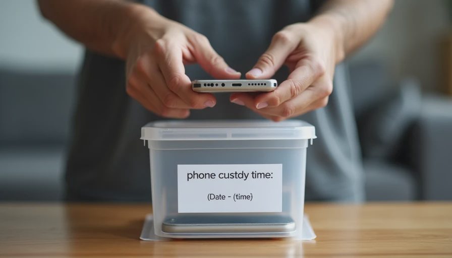 A documentary-style close-up photo of adult hands placing a smartphone into a clear container labeled for 'phone custody time'.
